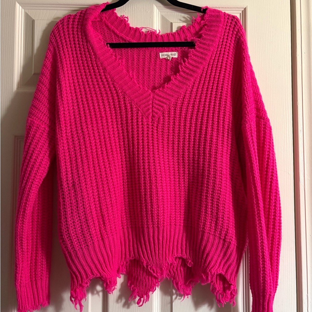 Main Strip Hot Pink Distressed V-Neck Sweater